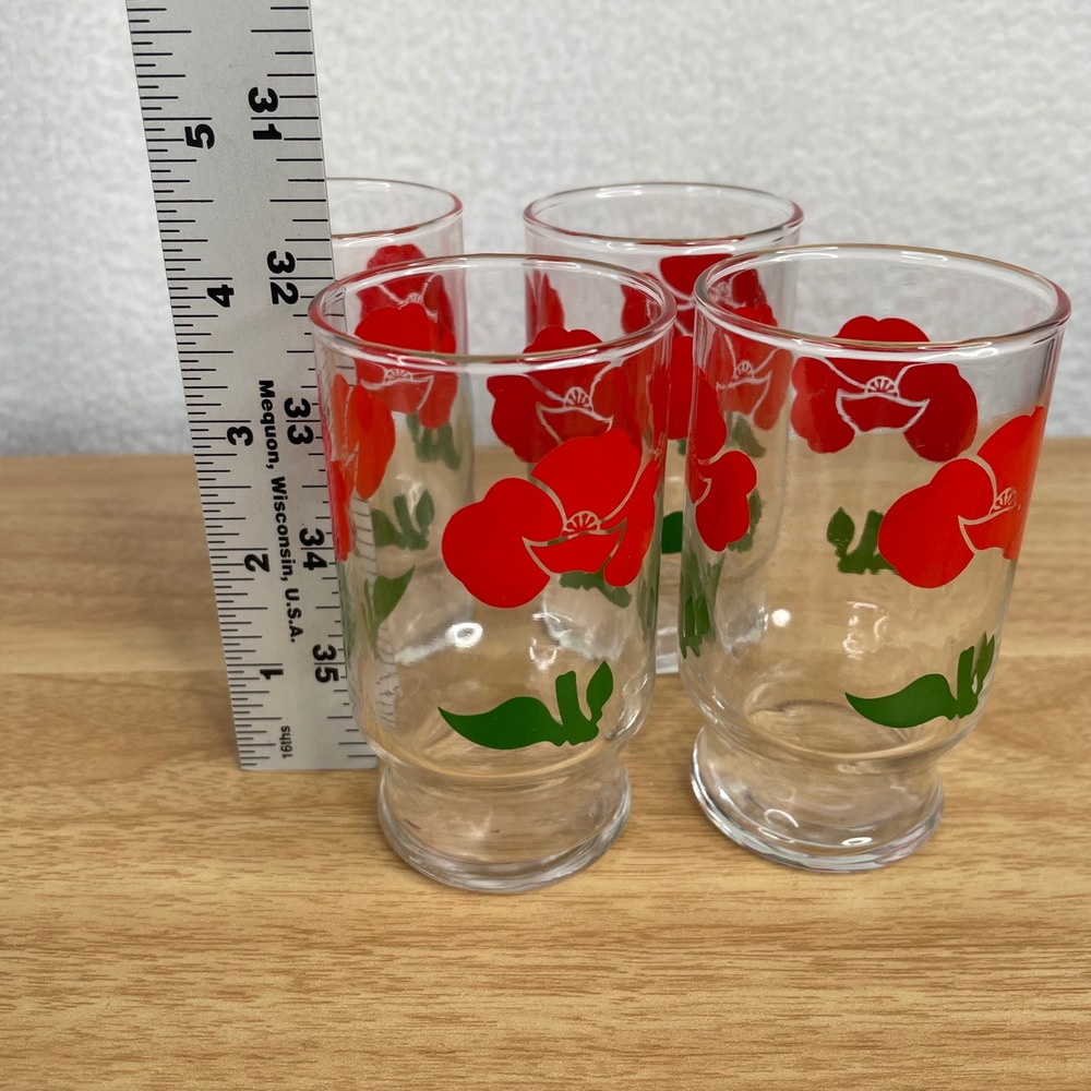 Vintage Anchor Hocking Red Poppy Floral Juice Glasses Mid Century Retro Set of 4 - Picture 4 of 4